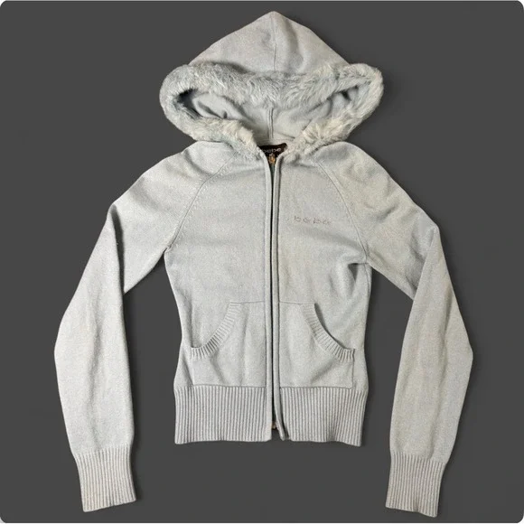 Bebe Genuine Fur Trim Zip Hoodie Y2K Baby Blue Fitted Knit Rhinestones Jacket XS - Picture 4 of 8
